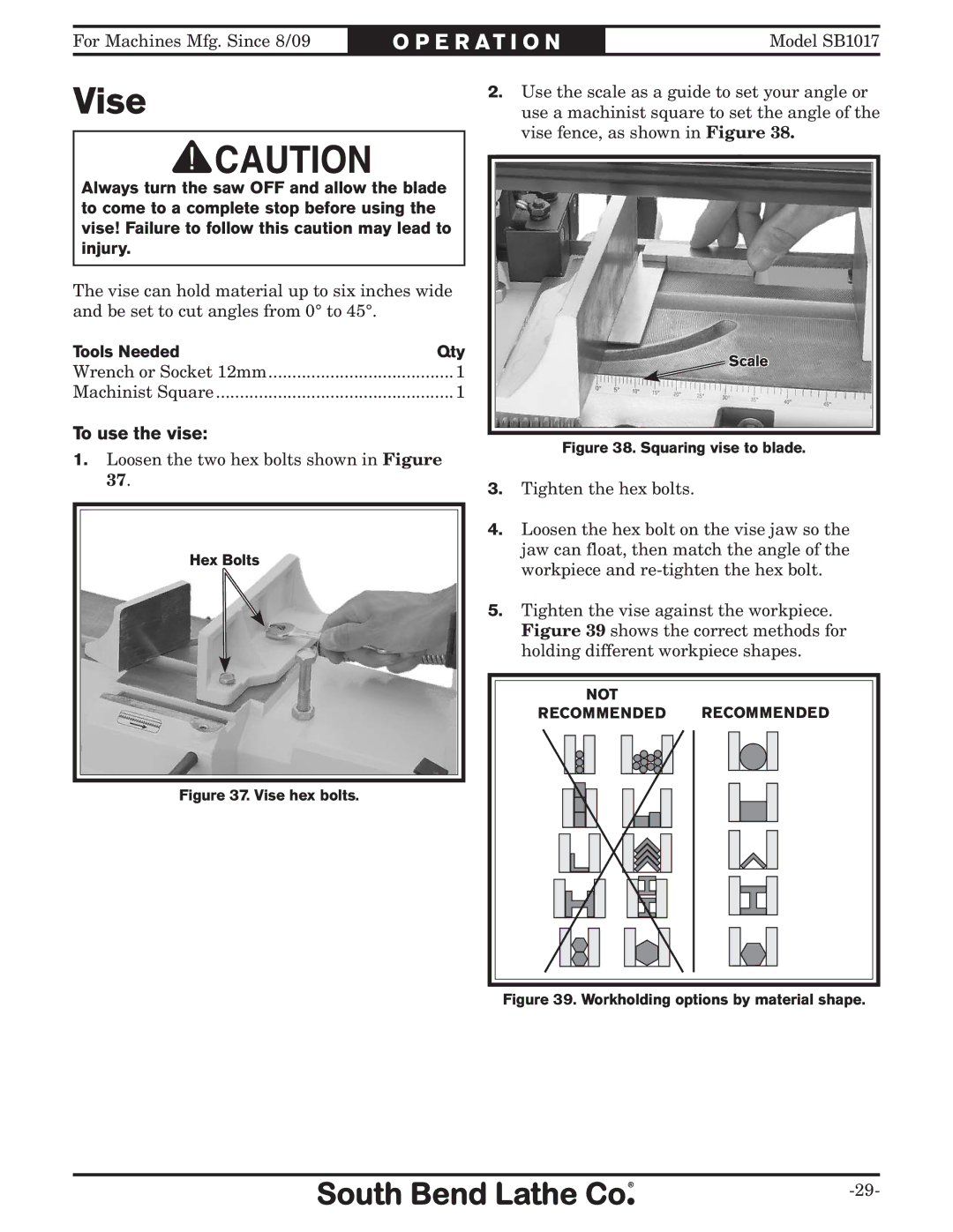 Southbend SB1017 owner manual Vise, To use the vise 