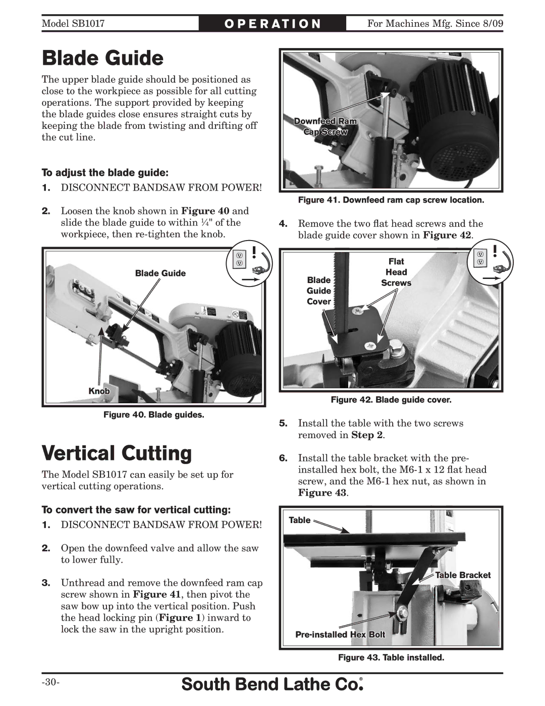 Southbend SB1017 Blade Guide, Vertical Cutting, To adjust the blade guide, To convert the saw for vertical cutting 