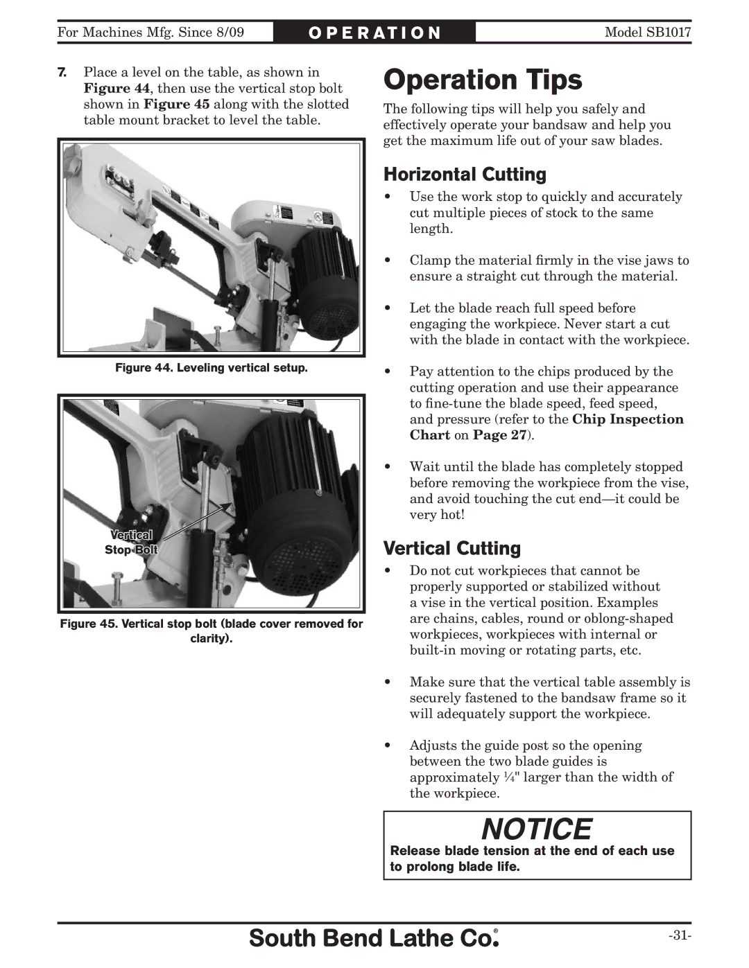 Southbend SB1017 owner manual Operation Tips, Horizontal Cutting, Vertical Cutting 