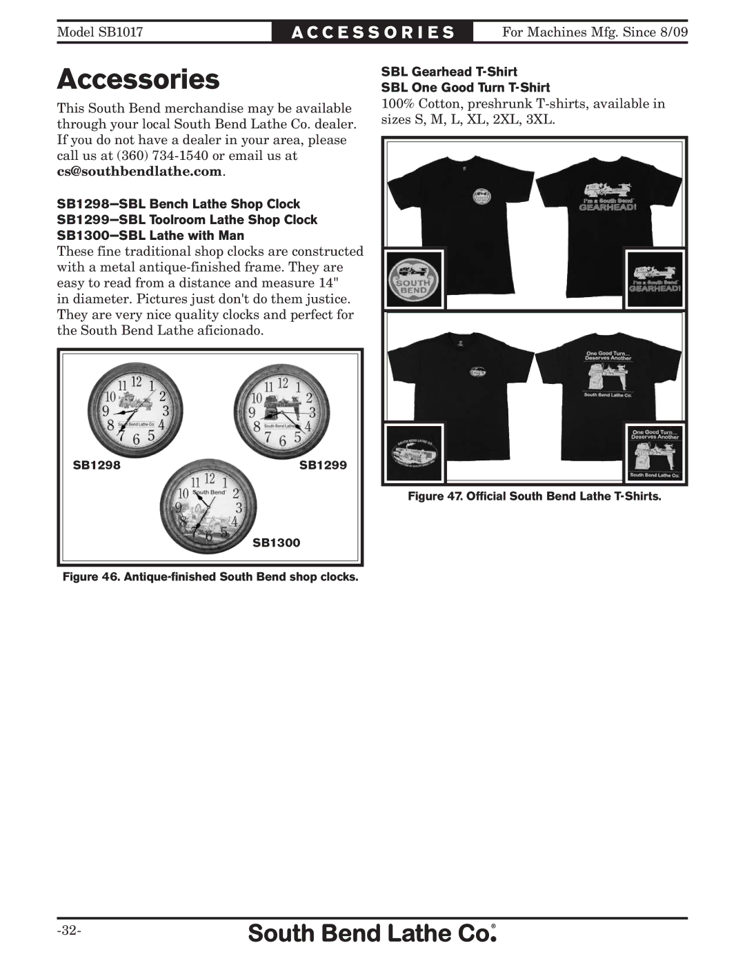 Southbend SB1017 owner manual Accessories, SBL Gearhead T-Shirt SBL One Good Turn T-Shirt 