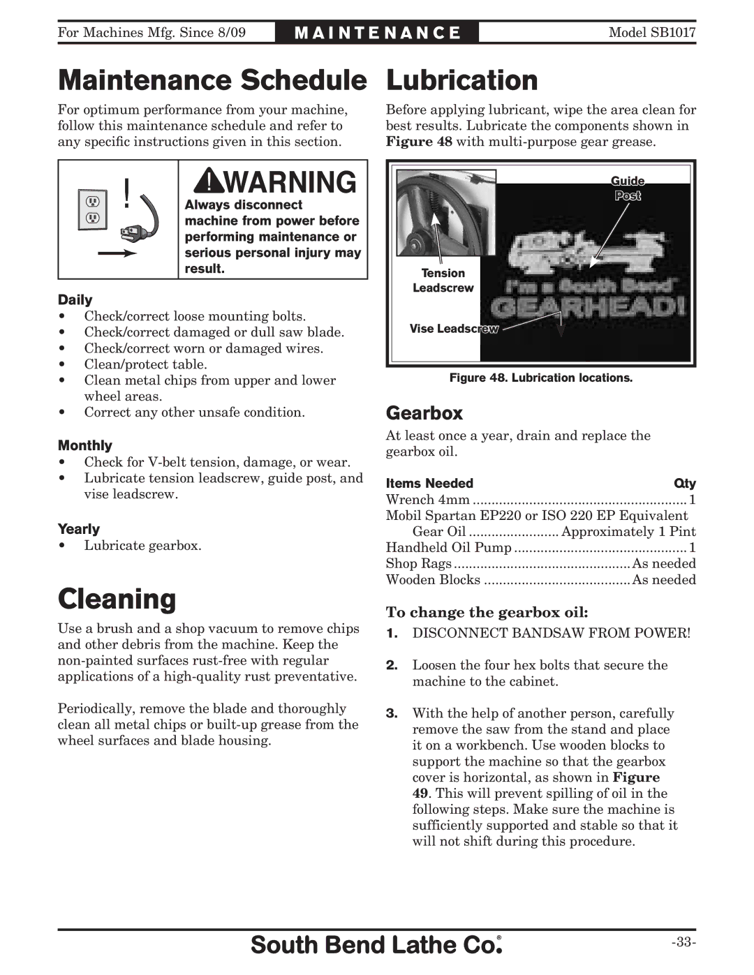 Southbend SB1017 owner manual Lubrication, Cleaning, Gearbox 