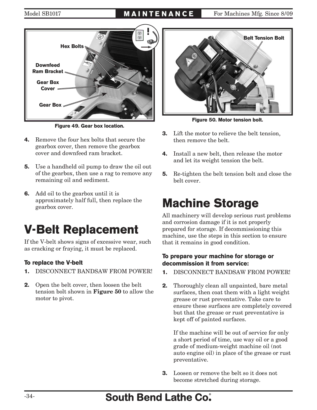 Southbend SB1017 owner manual Belt Replacement, Machine Storage, To replace the V-belt 