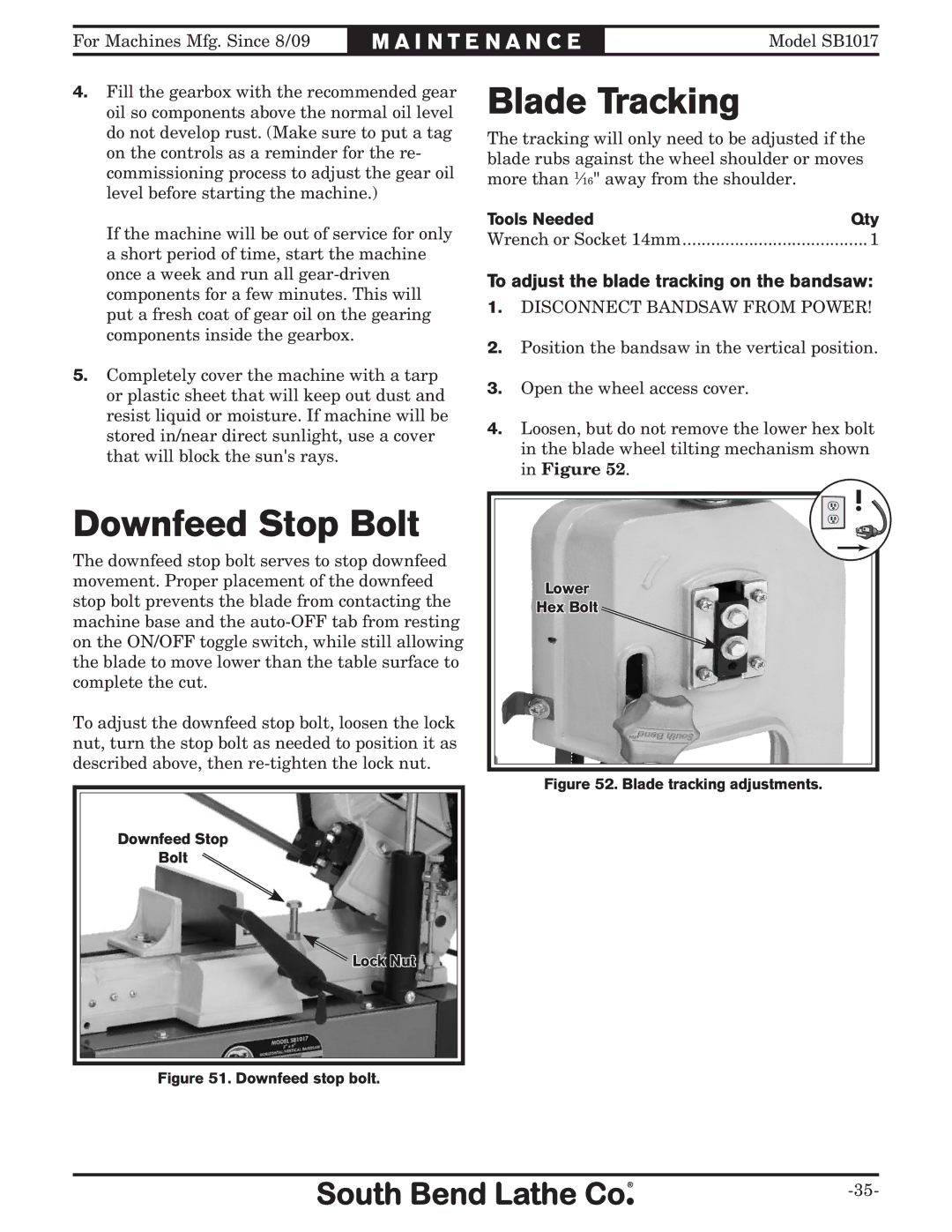 Southbend SB1017 owner manual Downfeed Stop Bolt, Blade Tracking, To adjust the blade tracking on the bandsaw 