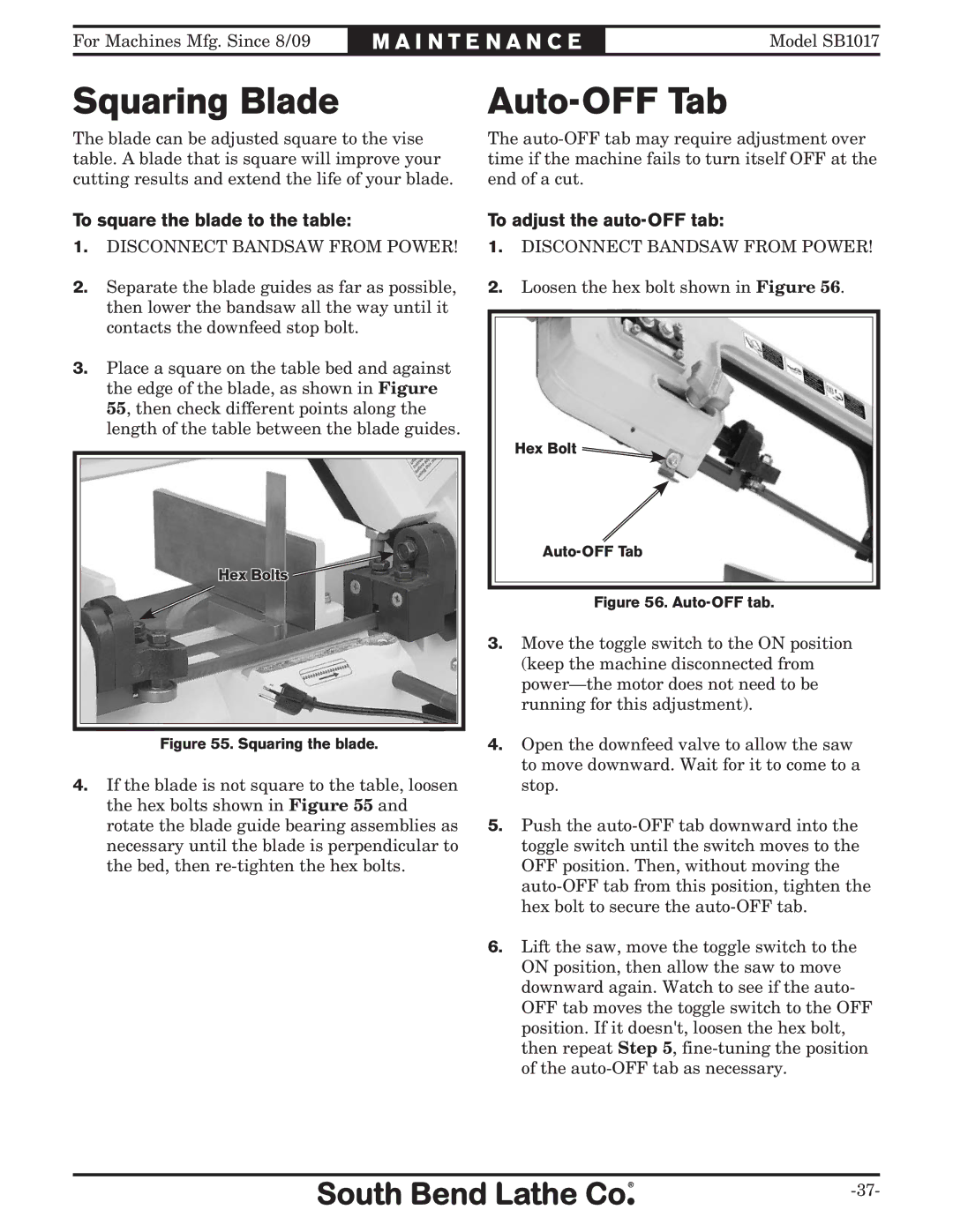 Southbend SB1017 owner manual Squaring Blade, Auto-OFF Tab, To square the blade to the table, To adjust the auto-OFF tab 