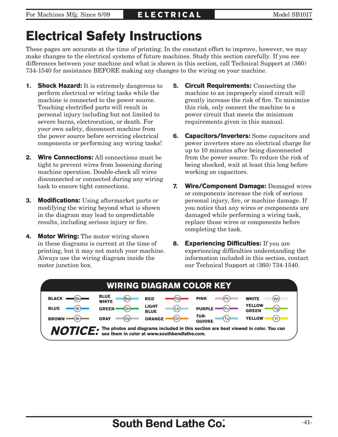 Southbend SB1017 owner manual ElectricalL CTRICALSafety Instructions, Wiring Diagram Color KEY 