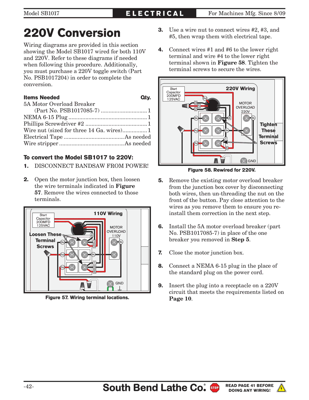 Southbend owner manual 220V Conversion, To convert the Model SB1017 to 