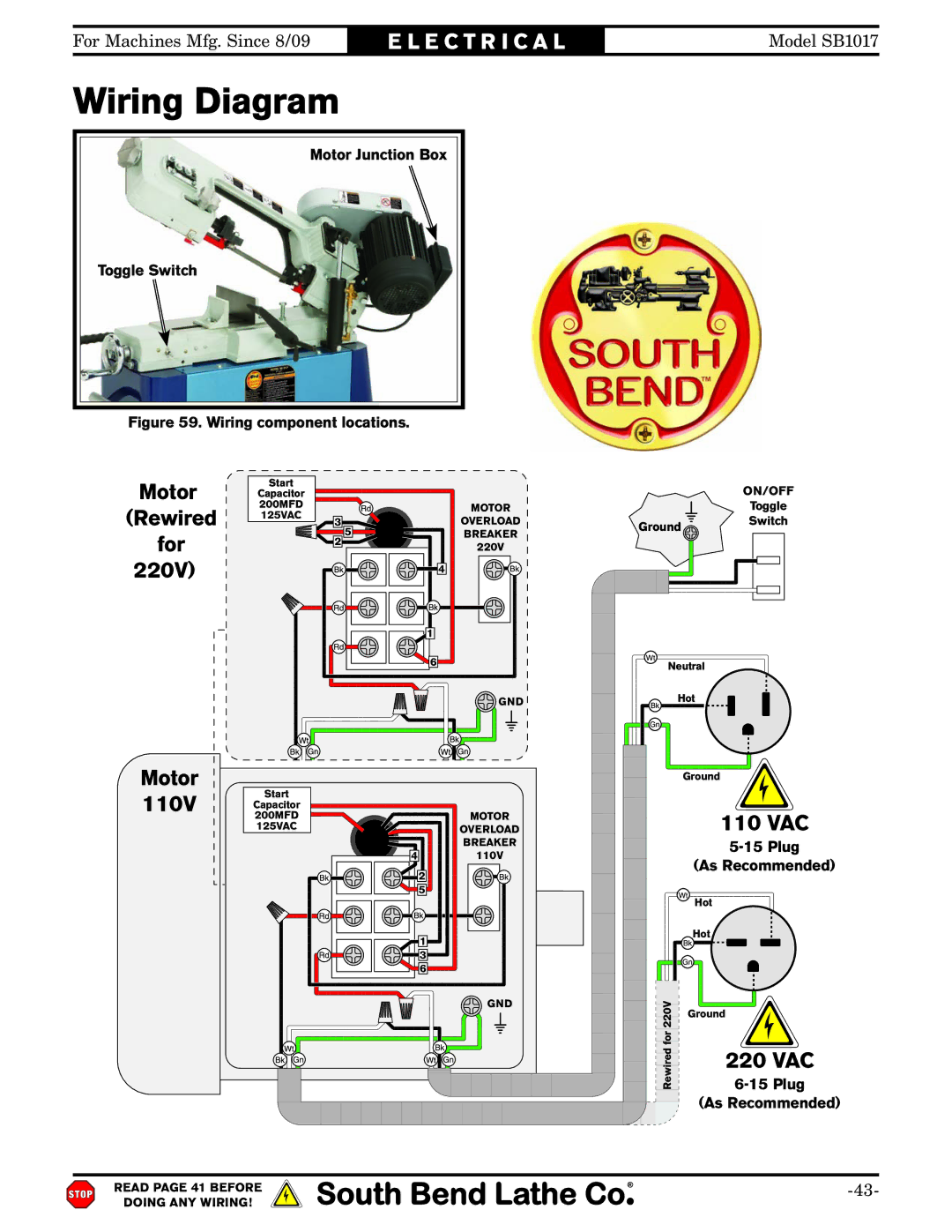 Southbend SB1017 owner manual Wiring Diagram, 110V 