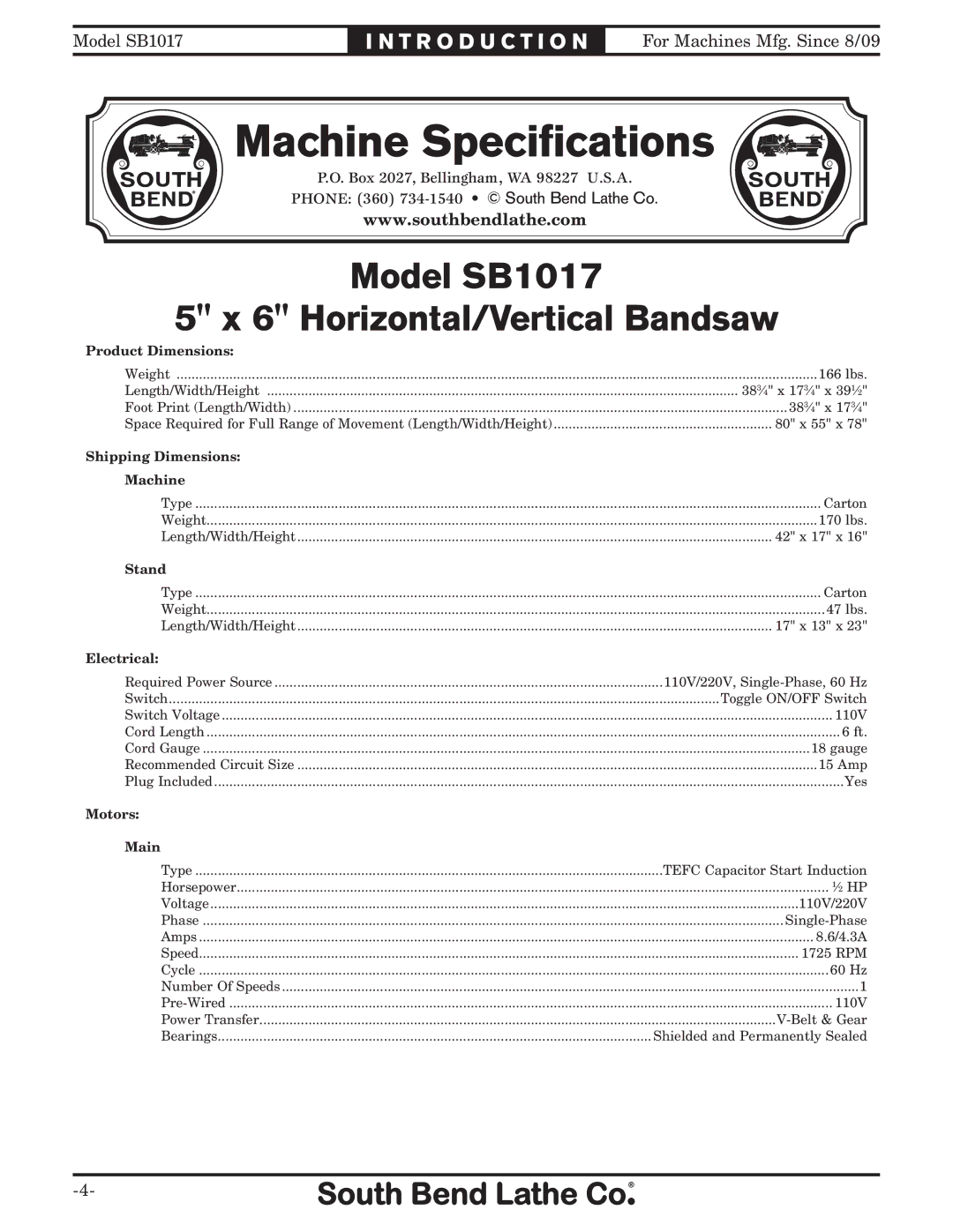 Southbend SB1017 owner manual Machine Specifications 