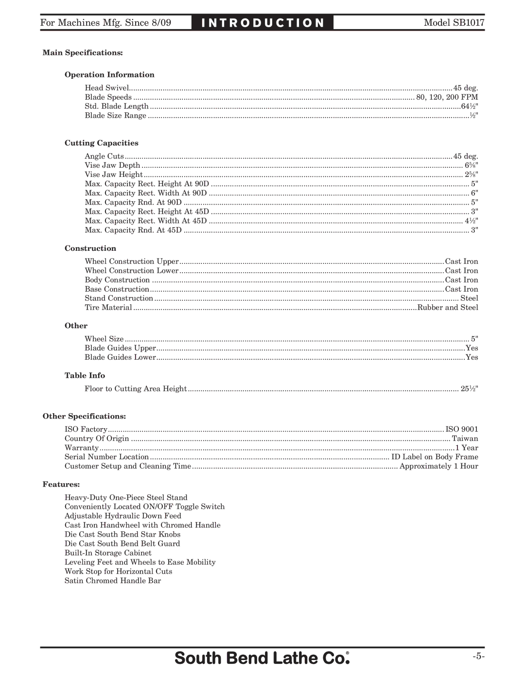 Southbend SB1017 owner manual Main Specifications Operation Information 