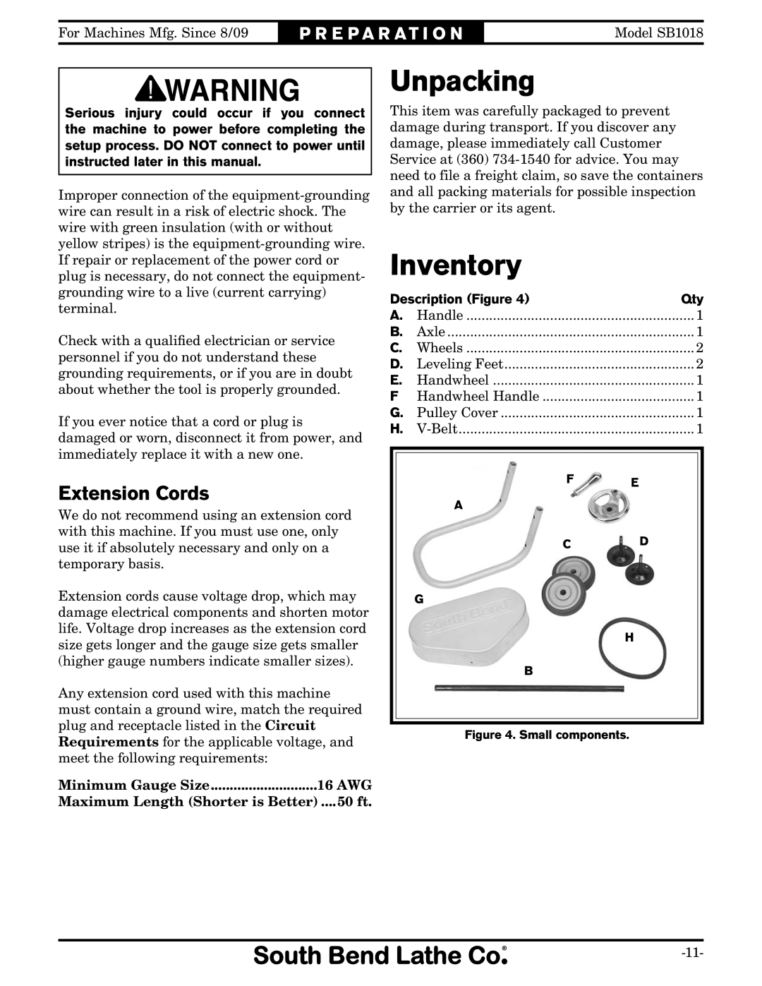 Southbend sb1018 owner manual Unpacking, Inventory, Extension Cords 