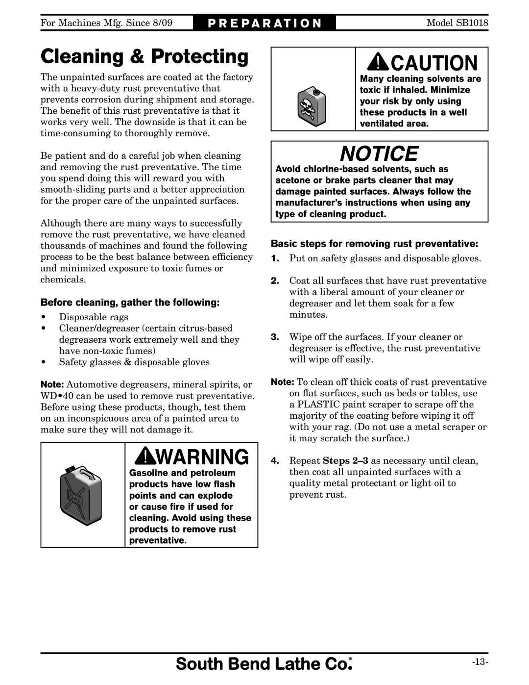 Southbend sb1018 Cleaning & Protecting, Before cleaning, gather the following, Basic steps for removing rust preventative 