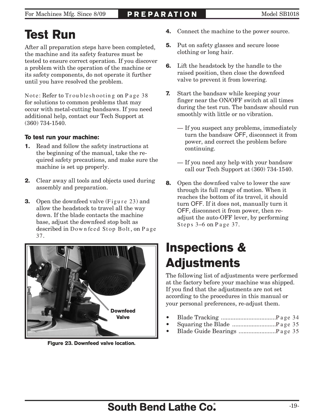 Southbend sb1018 owner manual Test Run, Inspections Adjustments, To test run your machine 