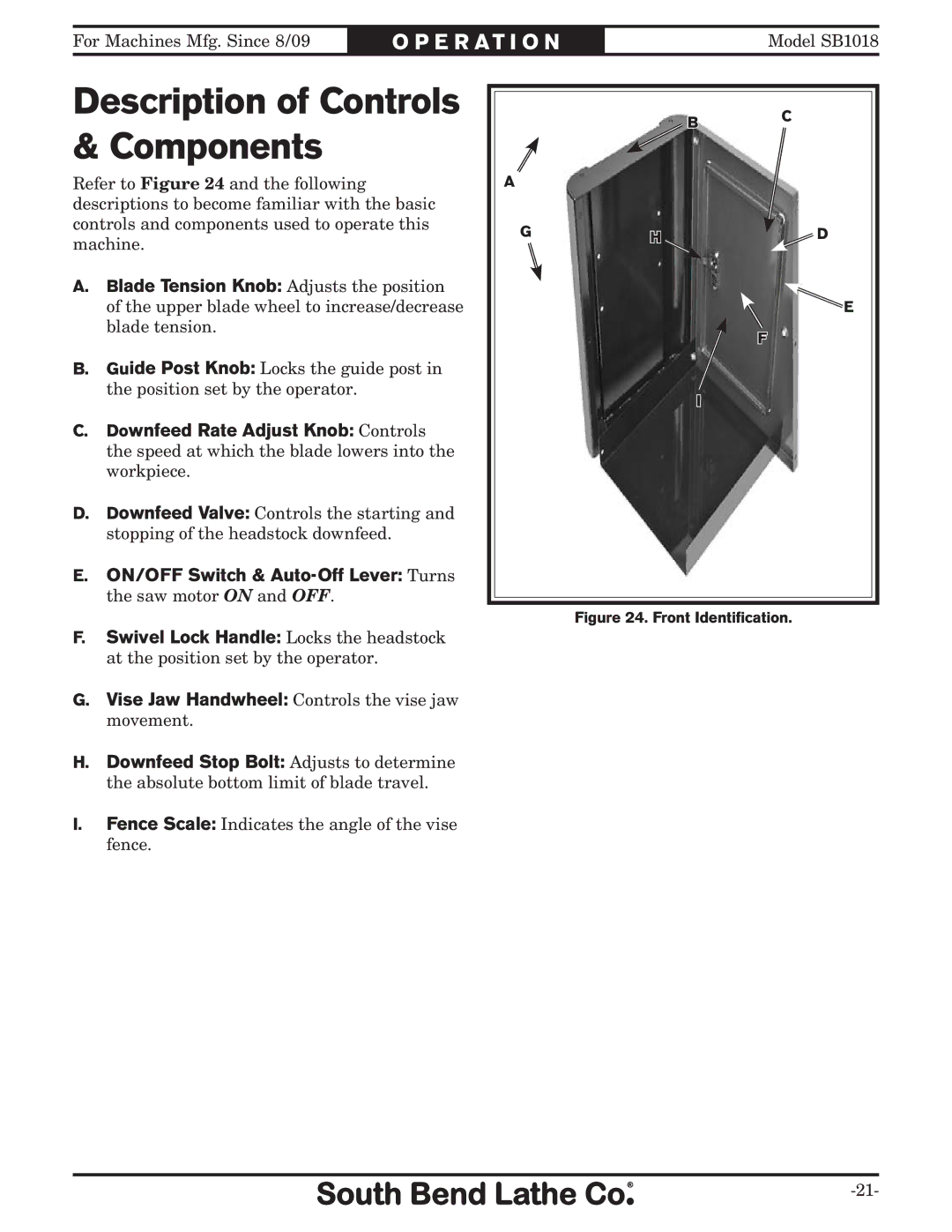 Southbend sb1018 owner manual Description of Controls & Components 