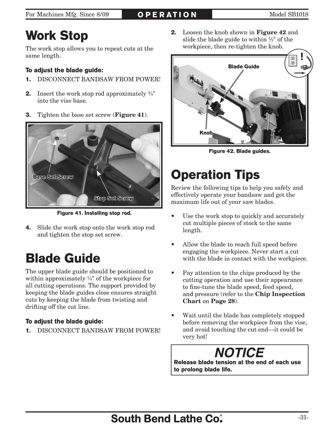 Southbend sb1018 owner manual Work Stop, Blade Guide, Operation Tips, To adjust the blade guide 