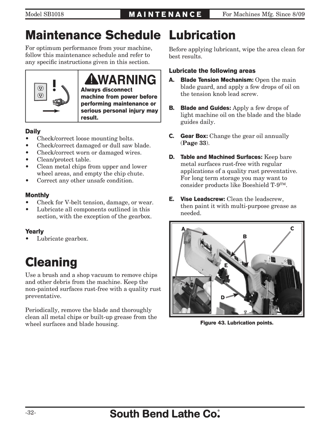 Southbend sb1018 owner manual Cleaning, Lubrication 