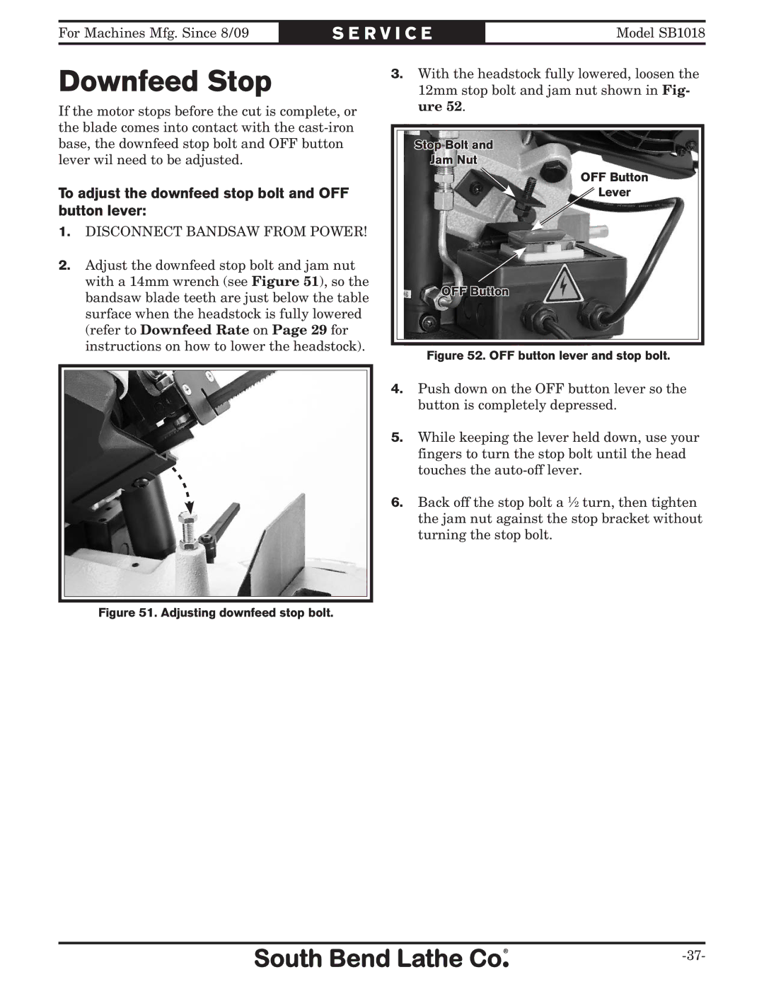 Southbend sb1018 owner manual Downfeed Stop, To adjust the downfeed stop bolt and OFF button lever 