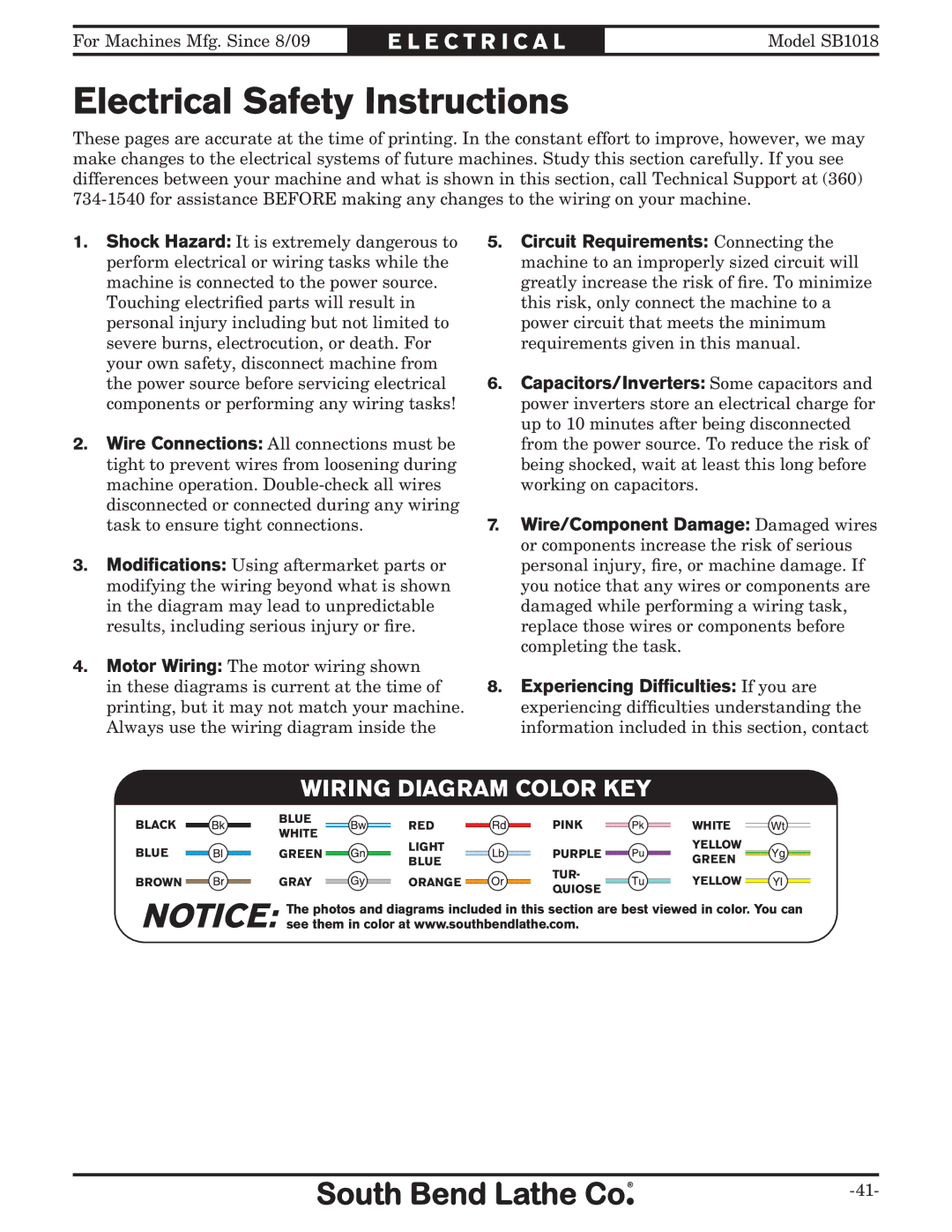 Southbend sb1018 owner manual ElectricalL CTRICALSafety Instructions, Wiring Diagram Color KEY 