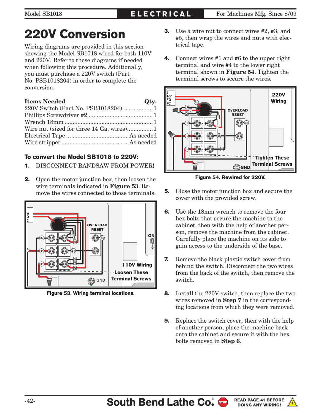 Southbend sb1018 owner manual 220V Conversion, To convert the Model SB1018 to 