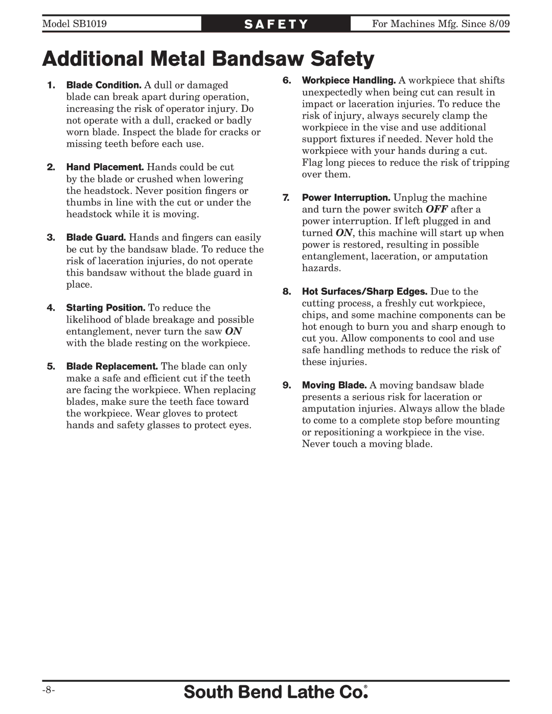 Southbend SB1019 owner manual Additional Metal Bandsaw Safety 