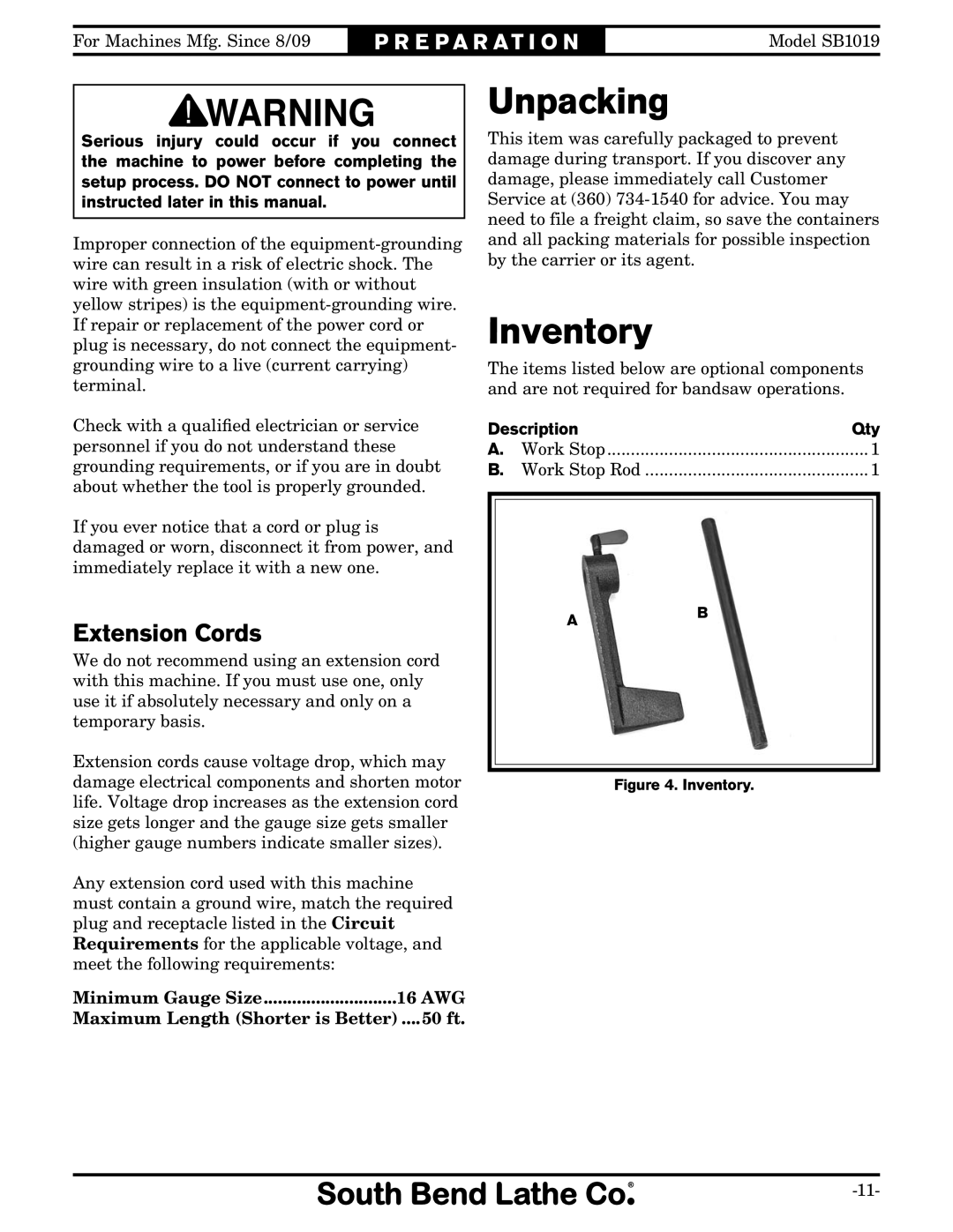 Southbend SB1019 owner manual Unpacking, Inventory, Extension Cords 