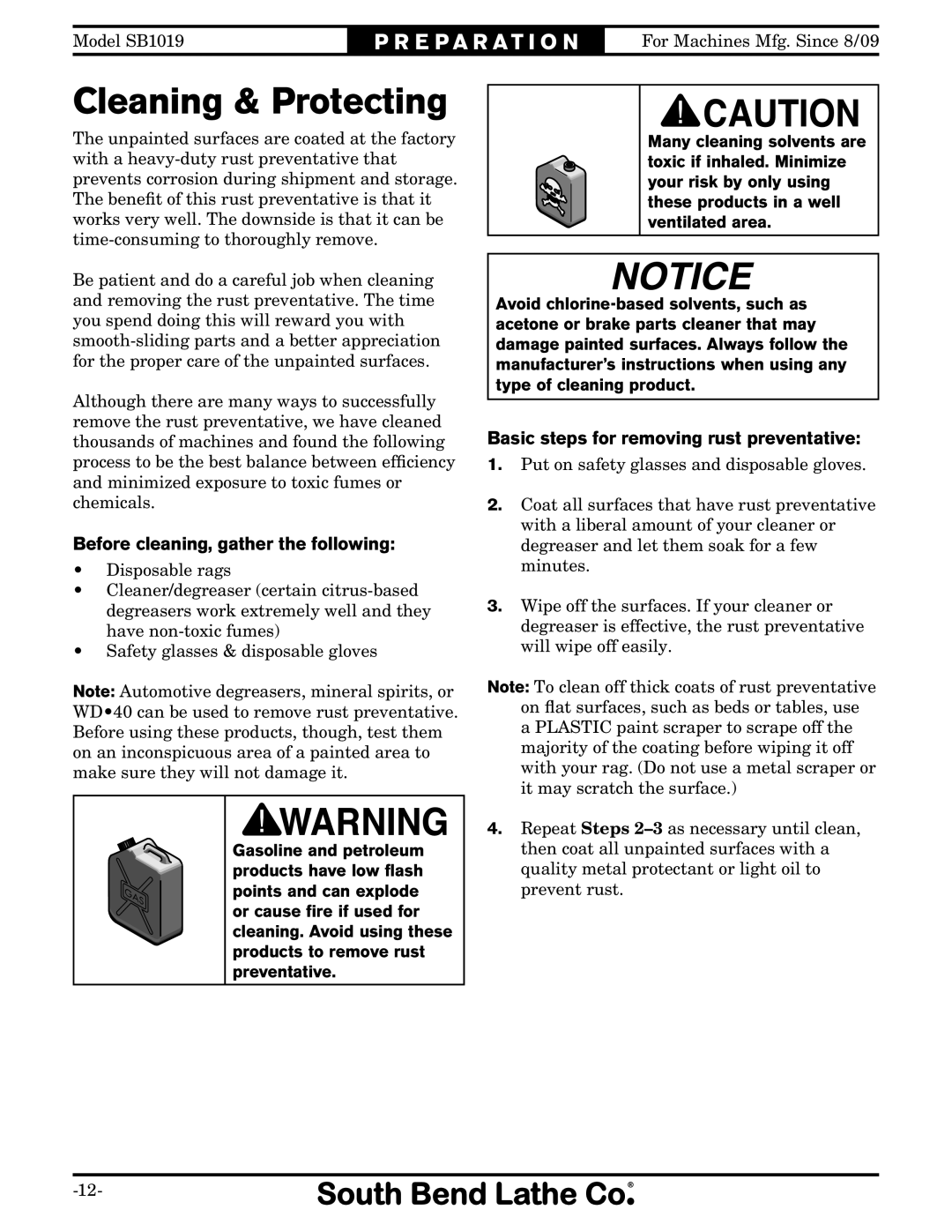 Southbend SB1019 Cleaning & Protecting, Before cleaning, gather the following, Basic steps for removing rust preventative 