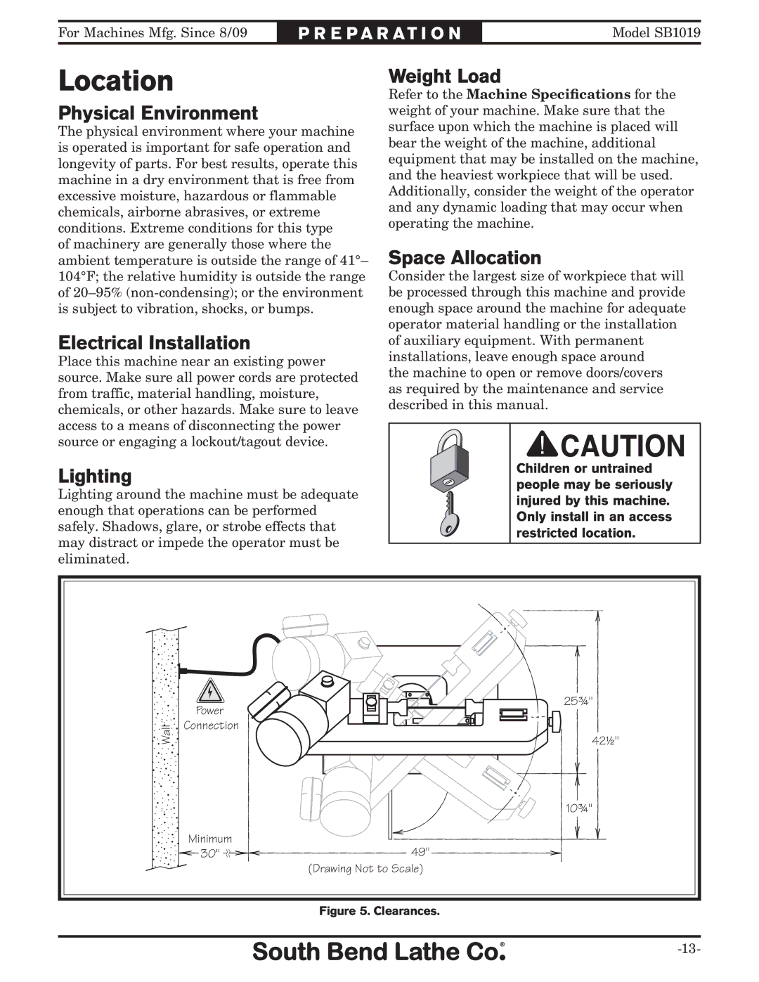 Southbend SB1019 owner manual Location 