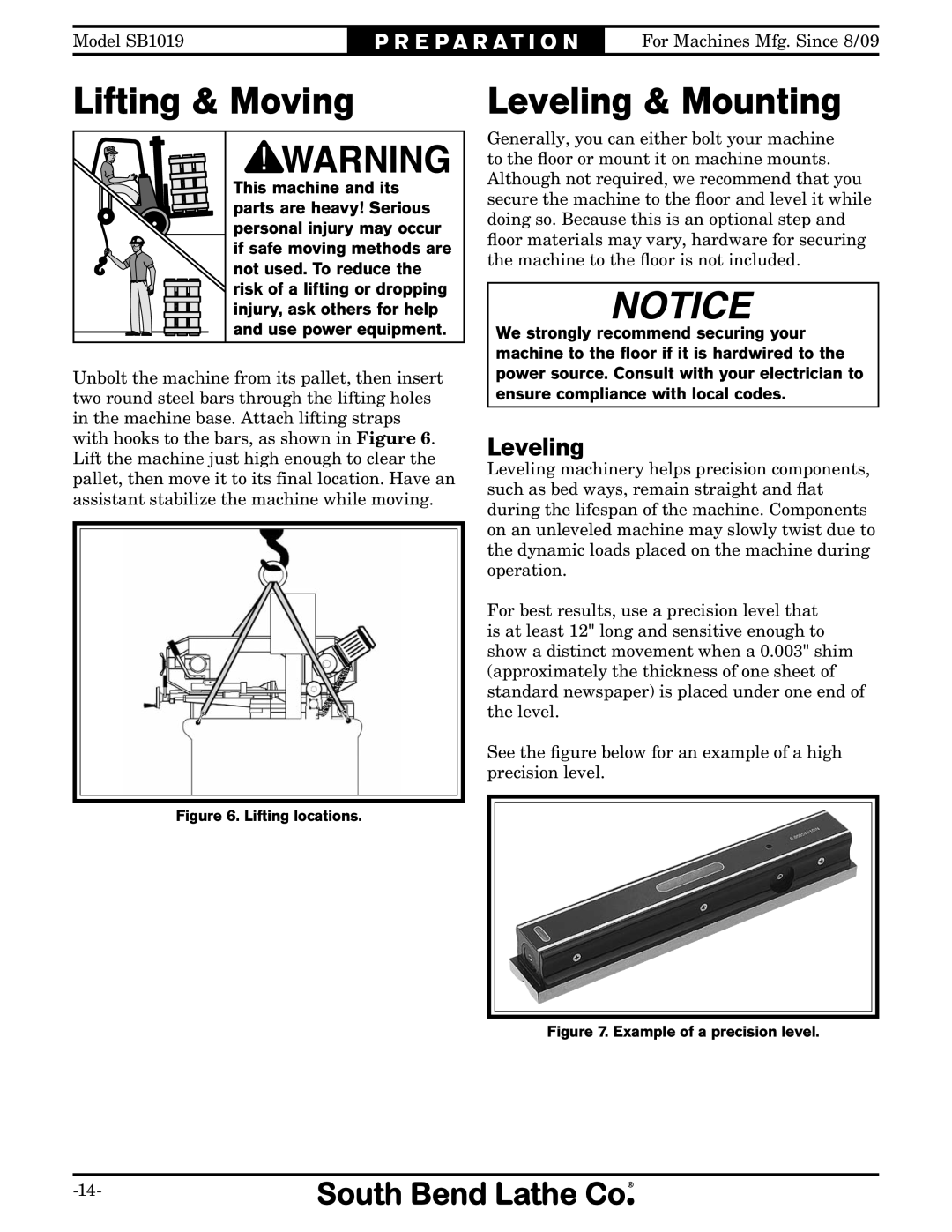 Southbend SB1019 owner manual Lifting & Moving, Leveling & Mounting 