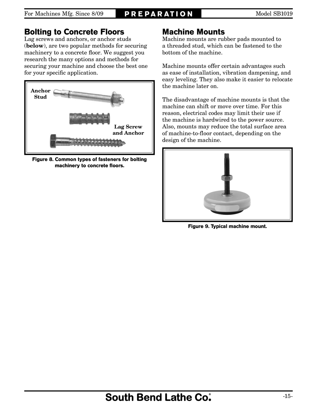 Southbend SB1019 owner manual Bolting to Concrete Floors, Machine Mounts 