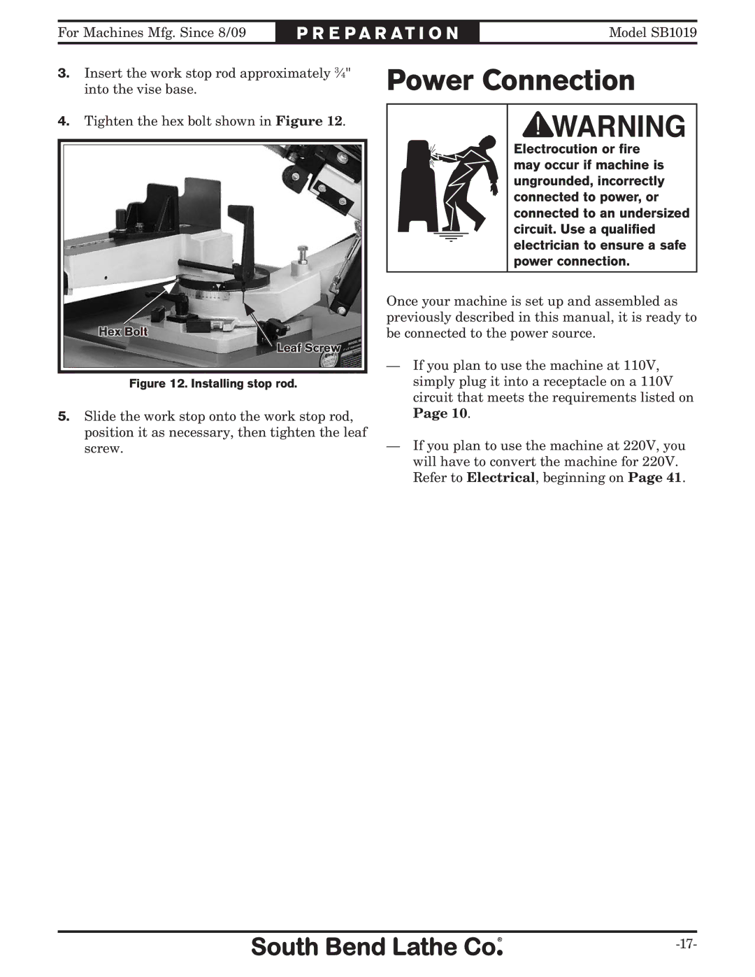 Southbend SB1019 owner manual Power Connection, Installing stop rod 