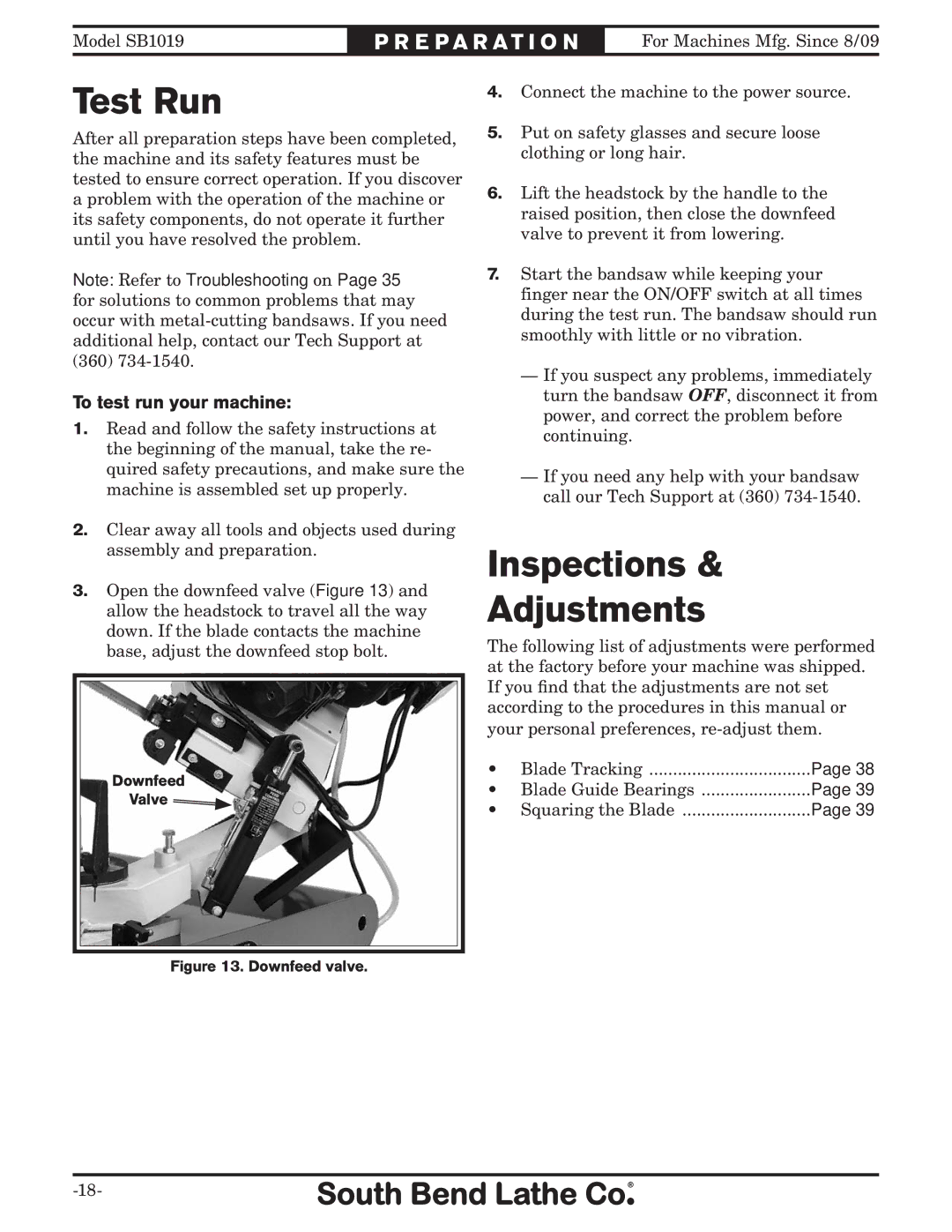 Southbend SB1019 owner manual Test Run, Inspections Adjustments, To test run your machine 