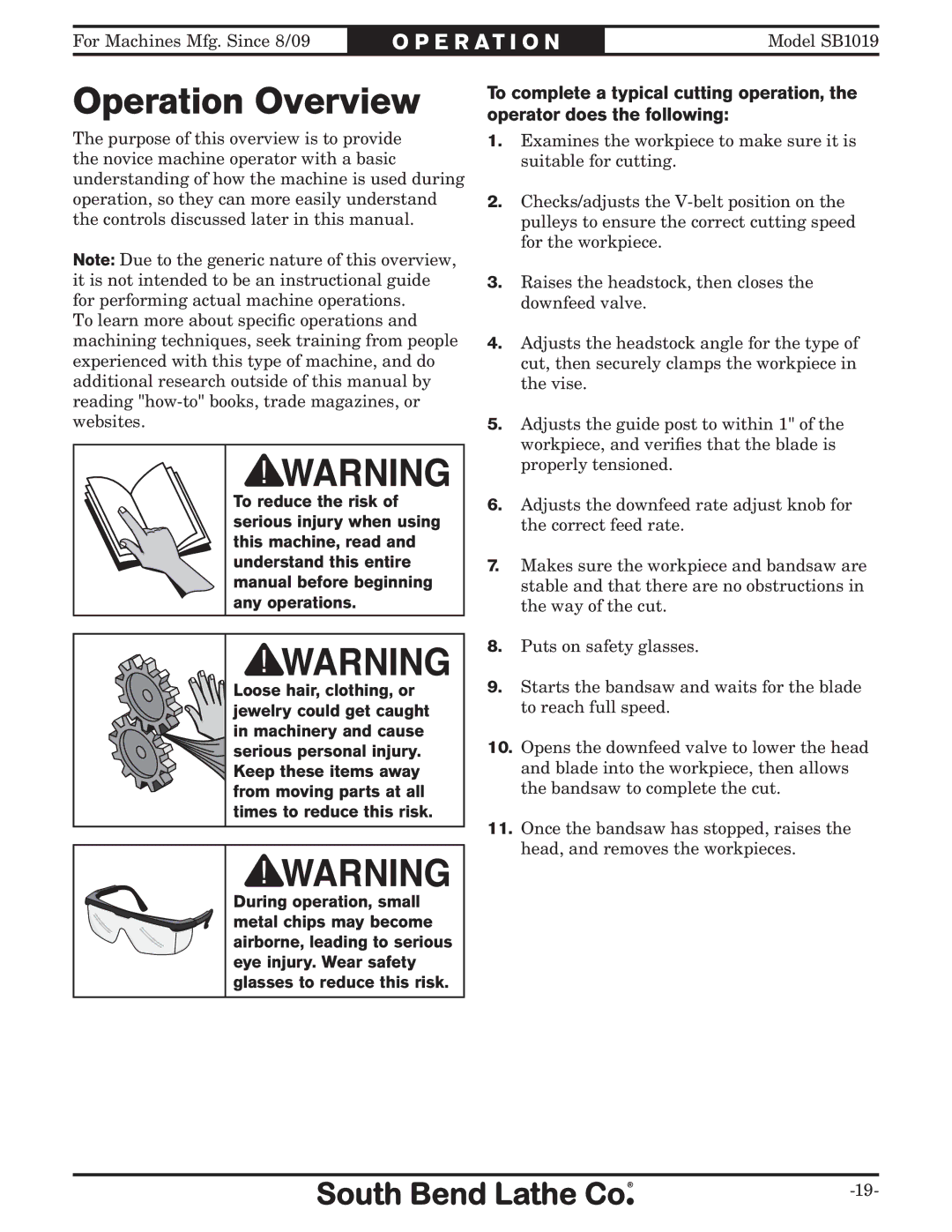 Southbend SB1019 owner manual OperationPERATIONOverview 