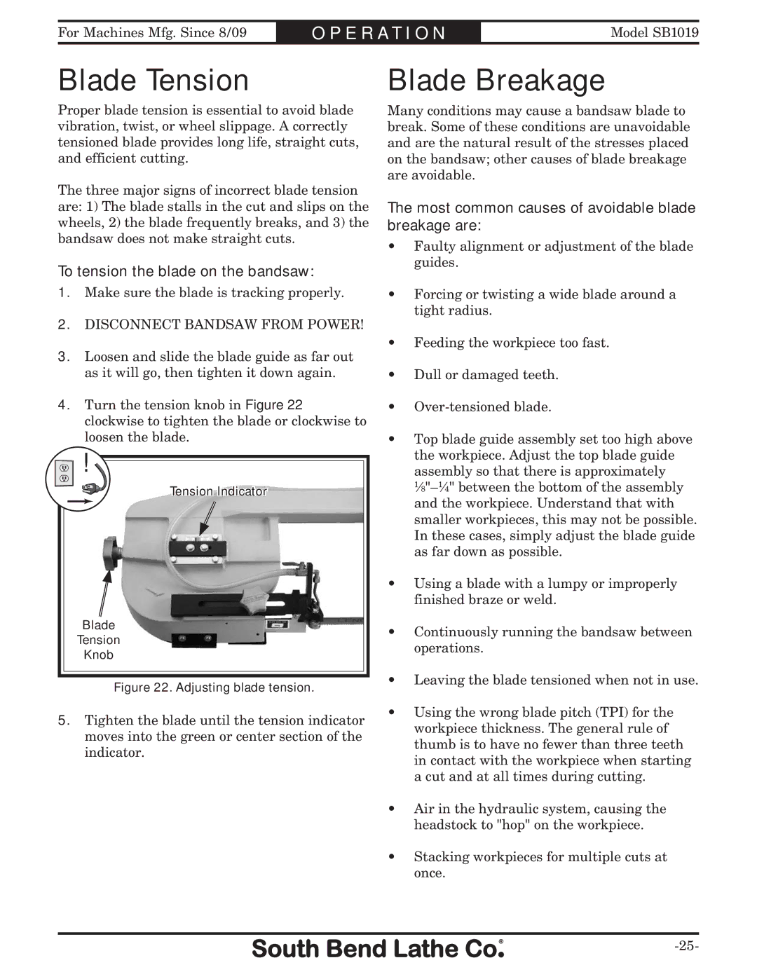 Southbend SB1019 owner manual Blade Tension, Blade Breakage, To tension the blade on the bandsaw 