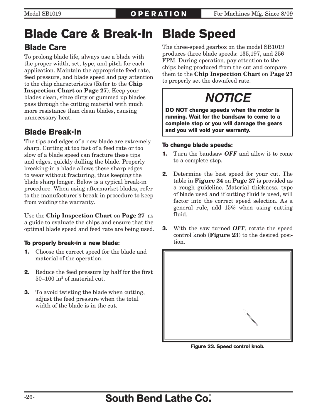 Southbend SB1019 owner manual Blade Care & Break-In, Blade Speed, Blade Break-In 