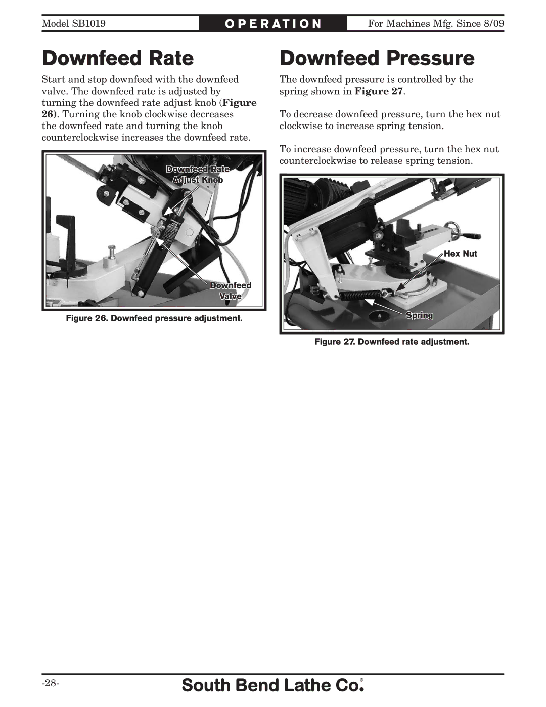 Southbend SB1019 owner manual Downfeed Rate, Downfeed Pressure 