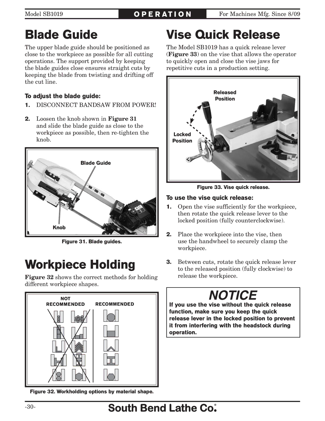 Southbend SB1019 owner manual Blade Guide, Workpiece Holding, Vise Quick Release, To adjust the blade guide 