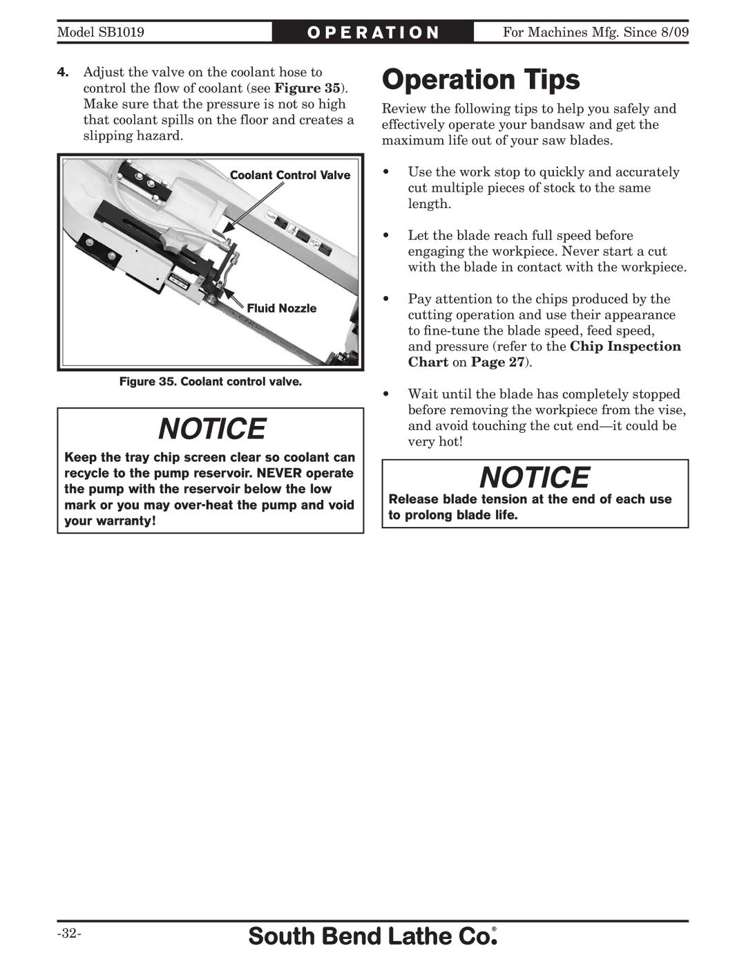 Southbend SB1019 owner manual Operation Tips, Coolant control valve 