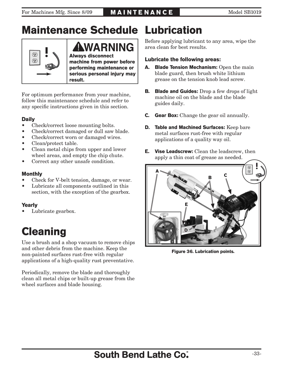 Southbend SB1019 owner manual Cleaning, Lubrication 