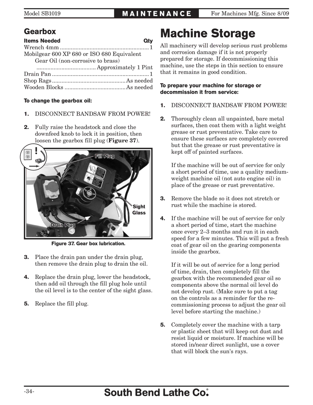 Southbend SB1019 owner manual Machine Storage, Gearbox 