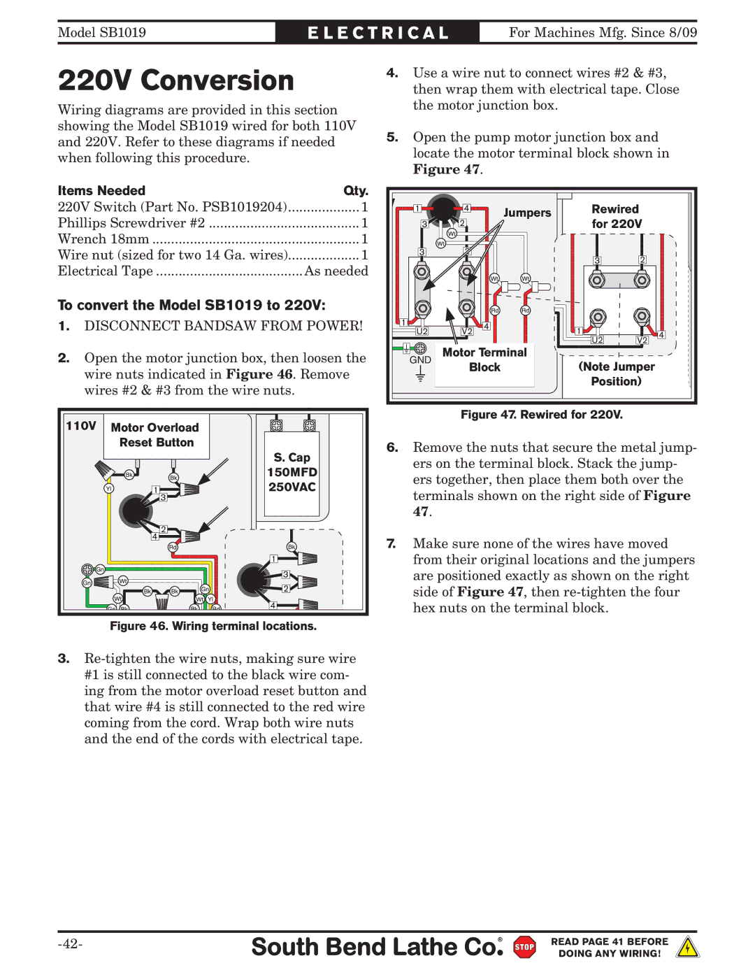 Southbend owner manual 220V Conversion, To convert the Model SB1019 to 