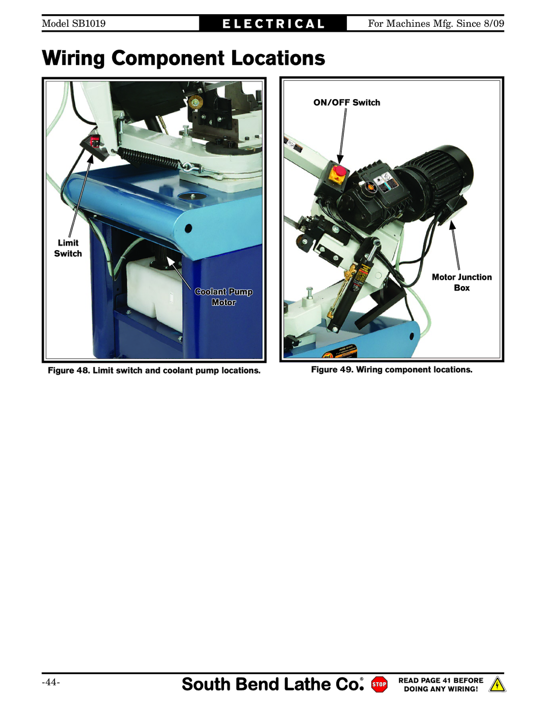 Southbend SB1019 owner manual Wiring Component Locations, Limit switch and coolant pump locations 