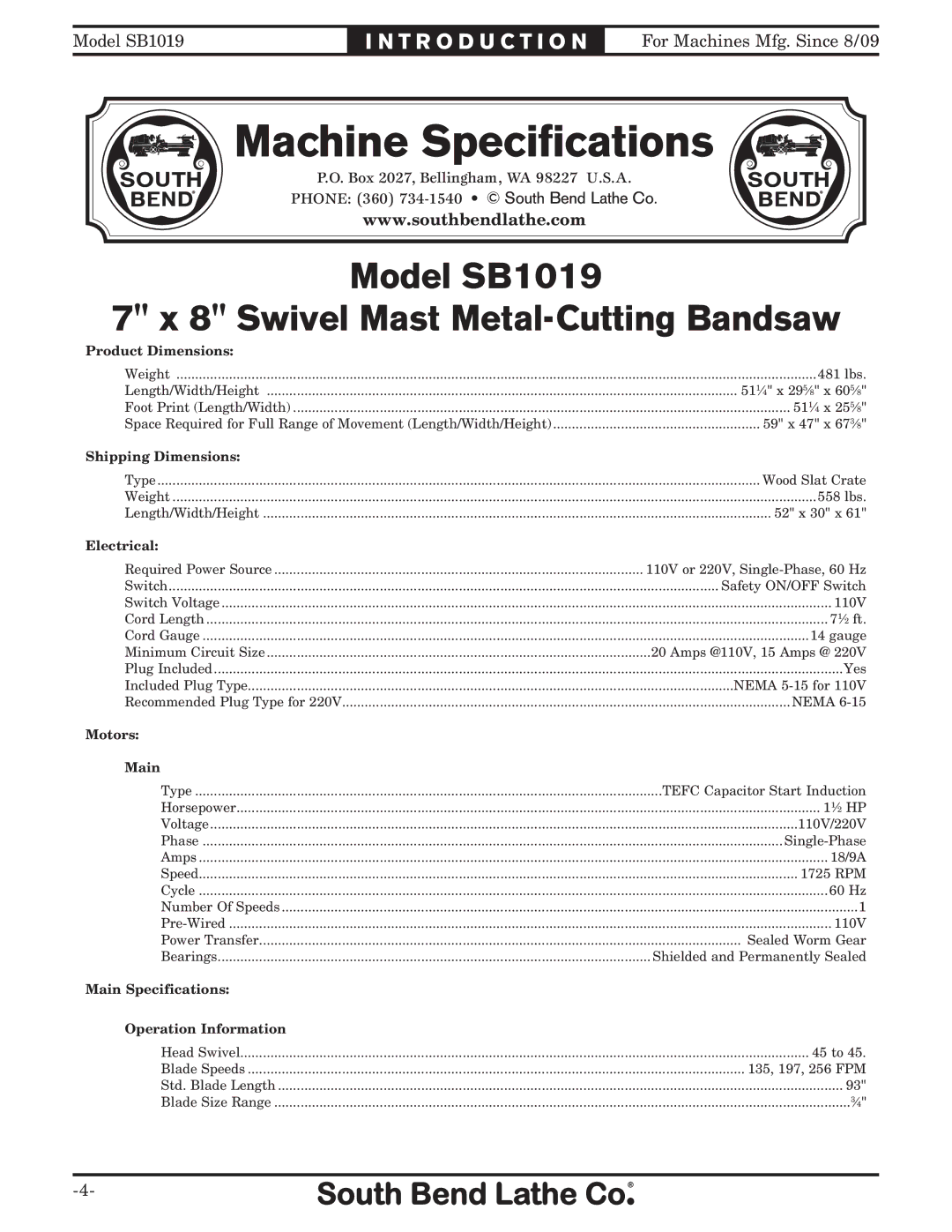 Southbend SB1019 owner manual Machine Specifications 