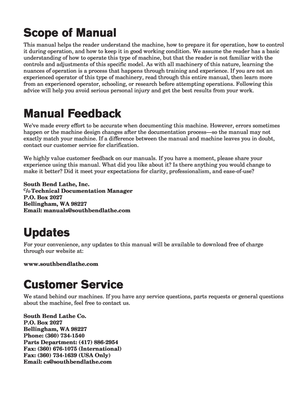 Southbend SB1019 owner manual Scope of Manual, Manual Feedback, Updates, Customer Service 