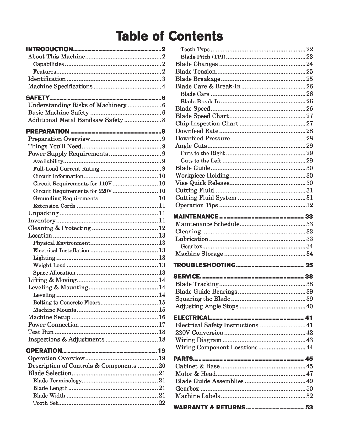 Southbend SB1019 owner manual Table of Contents 