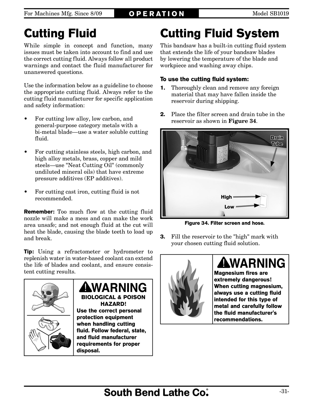 Southbend SB1019 Cutting Fluid System, To use the cutting fluid system, Biological & Poison Hazard, O P E R A T I O N 