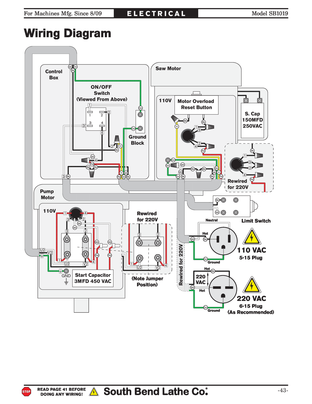 Southbend SB1019 Wiring Diagram, E L E C T R I C A L, 110 VAC, On/Off, 110V, Reset Button, S. Cap, 150MFD, 250VAC, Rewired 