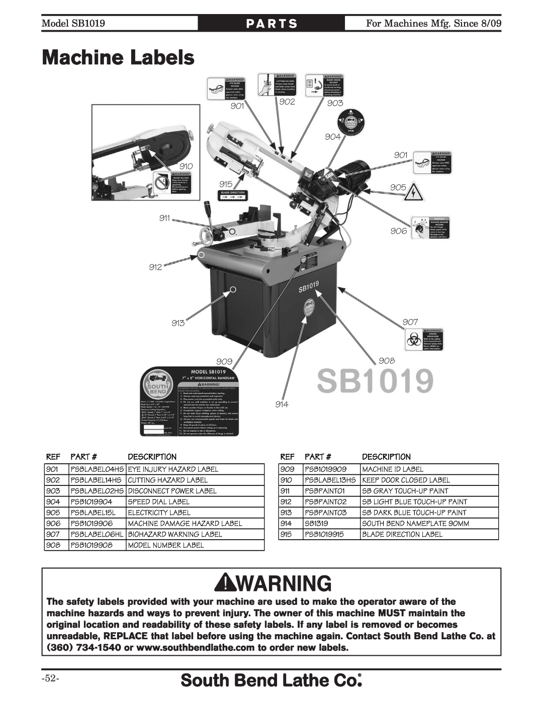 Southbend SB1019 owner manual Machine Labels, P A R T S 