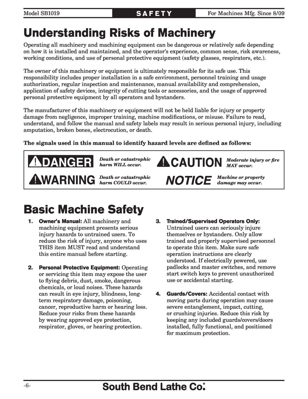 Southbend SB1019 Understanding Risks of Machinery, Basic Machine Safety, S A F E T Y, Trained/Supervised Operators Only 