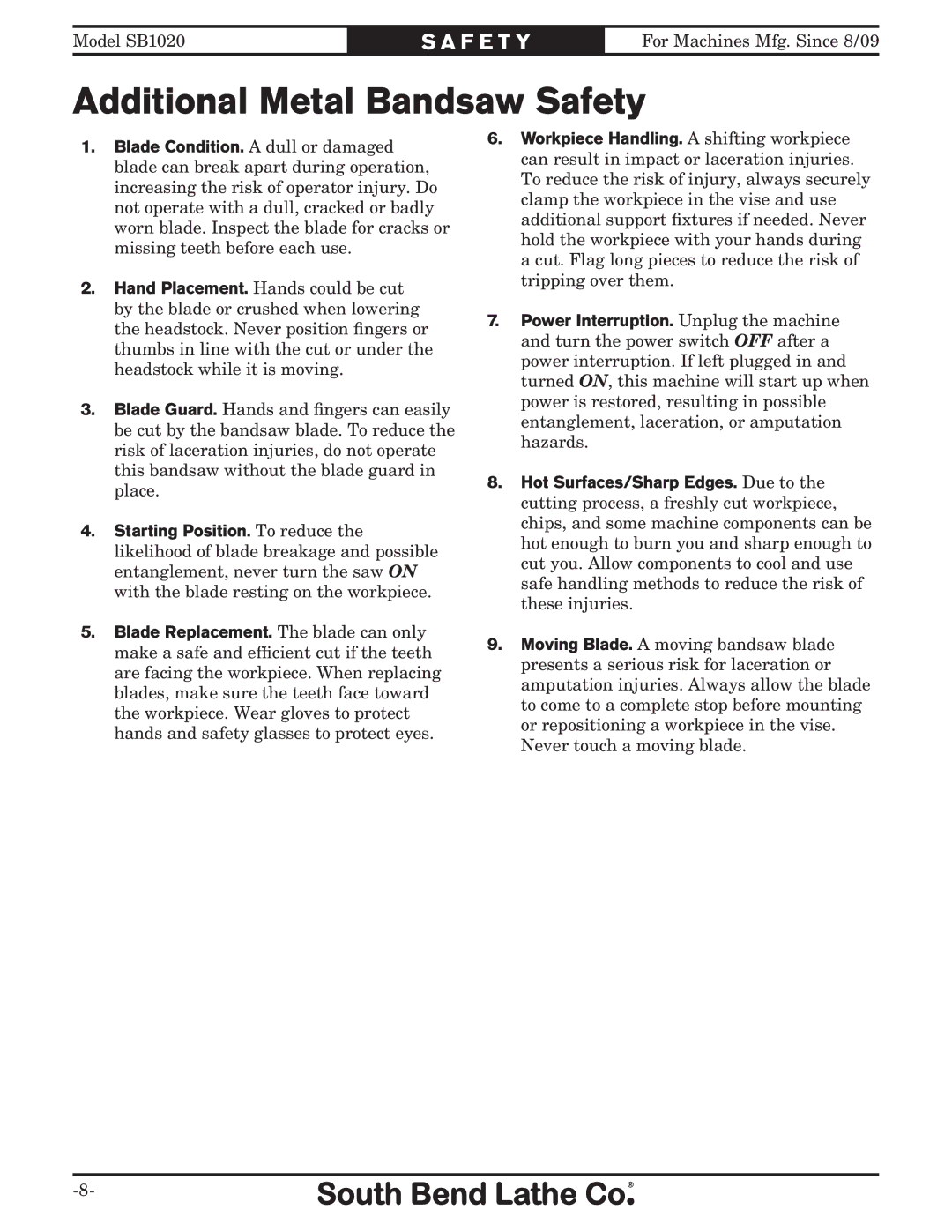 Southbend SB1020 owner manual Additional Metal Bandsaw Safety 