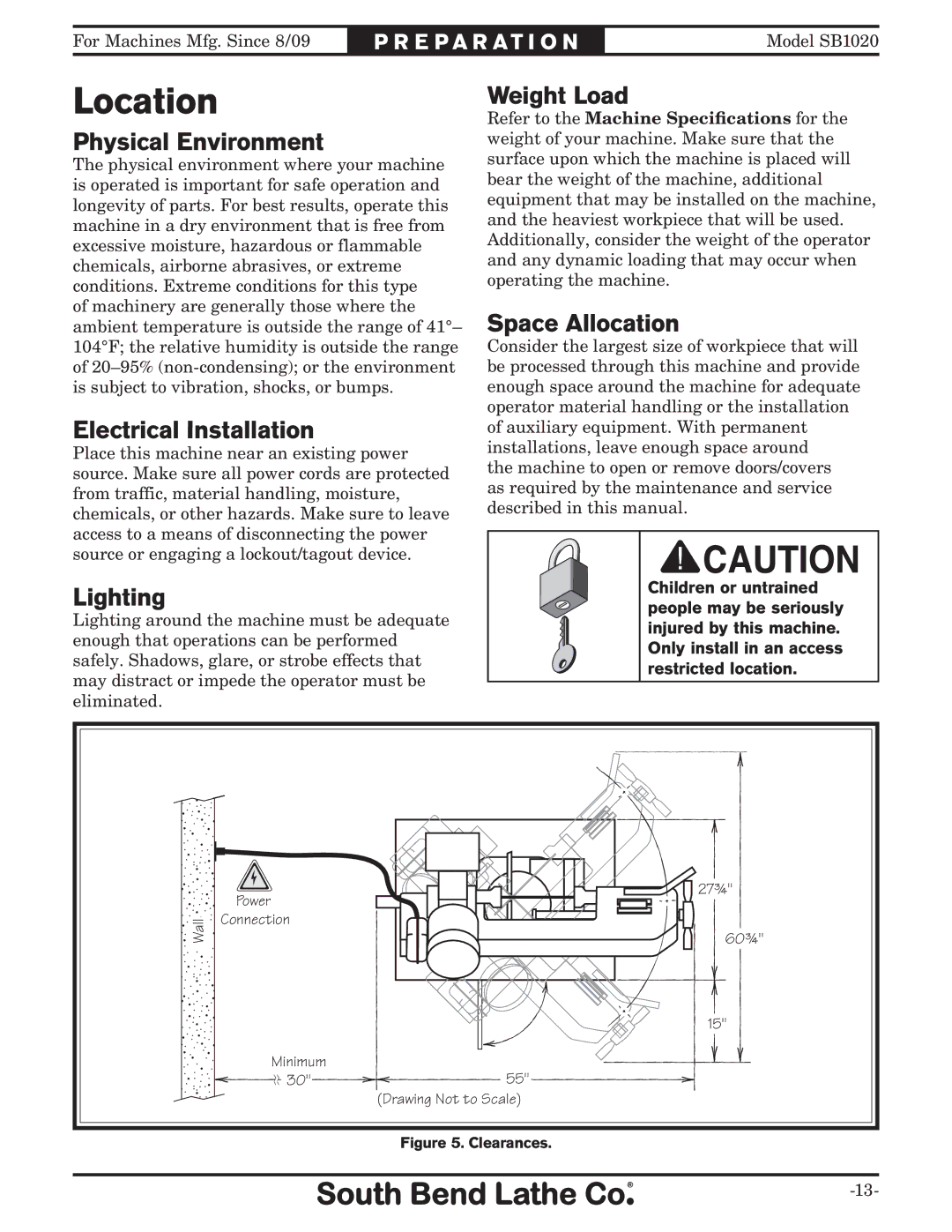 Southbend SB1020 owner manual Location 