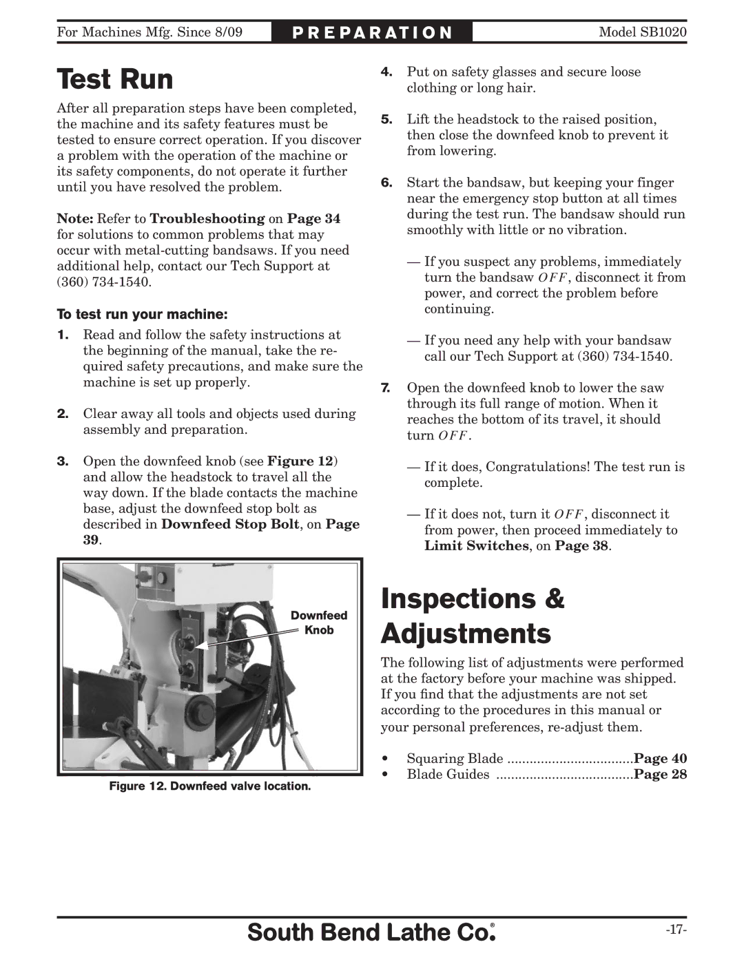 Southbend SB1020 owner manual Test Run, Inspections Adjustments, To test run your machine 